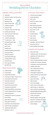 the ultimate wedding decor checklist by The Budget Savvy Bride! Get the free printable!     #weddingdecor #checklist #printable #weddingprintable #weddingchecklist