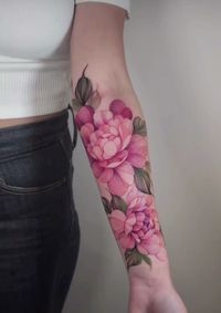 pink peony floral half sleeve tattoo