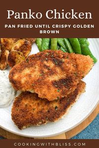 Easy crispy golden brown panko chicken breast pan fried until crispy golden brown. It's so easy and makes a great weeknight dinner. | cookingwithbliss.com