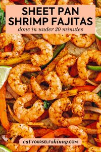 EASY Sheet Pan Shrimp Fajitas with all your favorite Mexican flavors that makes the perfect healthy weeknight dinner easily made all on one pan in under 20 minutes! Perfect recipe for your Sunday meal prep too! One of those healthy summer dinner recipes that are also great for meal prep!