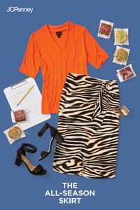 It’s elementary—animal print is always a smart choice! Our tie-waist skirt from Worthington is updated in an exotic zebra pattern accented with a hint of color. Top it with a bold ribbed tee in a hot orange hue, and you’ve got a stylish look for parent/teacher conferences, board meetings or even post-work happy hours!