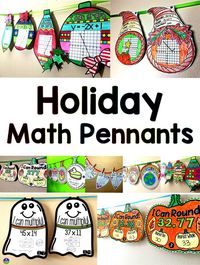 Holiday math pennant activities for Halloween, fall, Thanksgiving, Pi Day, Christmas, Valentine's Day, Back to School, Earth Day, Easter, winter #mathpennant #mathpennants #Halloweenmath #holidaymath #fallmathactivities https://www.scaffoldedmath.com/