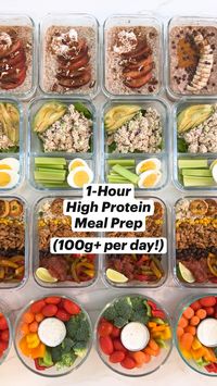 This healthy high protein meal prep menu is for a full work week and has 100g+ of protein per day. Healthy recipes. Gluten free recipes. #mealprep #healthy #easydinnerrecipes #easyhealthyfoodrecipes