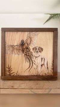 A custom woodburning portrait I did of my brittany pointing a pheasant! Please reach out if you are interested in your own custom wood burning!  Ally Hulstein Art