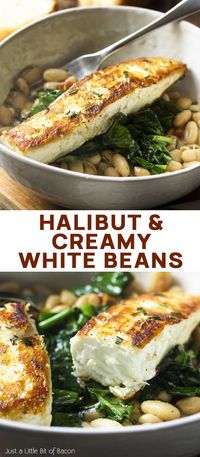 Have dinner in a bowl with pan seared halibut over creamy white beans and sauteed spinach! You'll love that this Mediterranean recipe is healthy, delicious, and quick. | justalittlebitofbacon.com #mediterraneanrecipes #halibut #fishrecipes #dinnerrecipes #easydinner