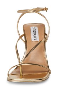 Add an extra touch of polish to your special-occasion style with this strappy sandal lifted by an elegant stiletto heel. 3 3/4" heel (size 8.5) Adjustable ankle strap with buckle closure; hidden elastic inset Synthetic upper, lining and sole Made in Brazil