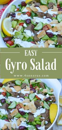 Easy gyro salad gives you a lightened up version of the Greek American classic you know and love. Featuring gyro meat tossed with assorted veggies, crunchy pita chips, salty feta cheese and drizzled with tzatziki sauce, this salad will satisfy anyone! View this easy recipe at 4sonrus.com.