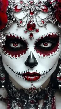 ↑↑↑ Larger size on website 🔸 The image shows a woman with a striking, intricate Day of the Dead makeup. She has a white base with