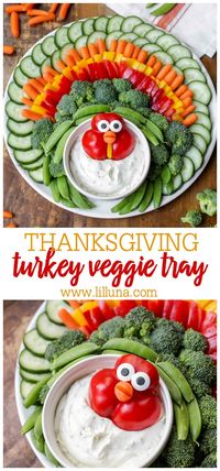 The most festive vegetable tray you will ever make! Perfect for your Thanksgiving dinner with friends and family. Both kids and adults will be impressed! #turkeyveggietray #veggietray #thanksgivingappetizers #appetizer #thanksgiving