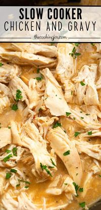 This slow cooker chicken and gravy recipe has tender melt-in-your-mouth chicken breasts smothered in a warm and comforting gravy. Serve it over hot steamed rice, creamy mashed potatoes, or warm buttered egg noodles for an easy dump-and-go crock pot dinner.