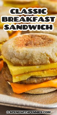 Make this classic hot and hearty breakfast sandwich and enjoy it at home or on the go with that cup of McDonald's or Dunkin coffee. It's a great way to save money every morning, and watch your nutrition too! So grab some Jimmy Dean sausage or some Canadian bacon and crack a few eggs. These tasty breakfast sandwiches can be made ahead and frozen for convenience, too! #breakfastsandwich #makeahead #spendwithpennies #freezerfriendly