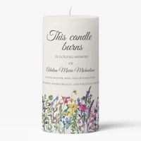 Beautiful watercolor wildflowers wedding "This candle burns" pillar candle memorializes family members who are no longer with you. Personalized with the name of your loved one and your own personal message. #zazzlemade