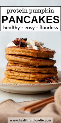 These ultra-fluffy oatmeal pumpkin protein pancakes are perfect for Fall and have over 12 grams of protein per serving. They’re made in a blender with healthy ingredients like pumpkin puree, oats, eggs, and Greek yogurt. An easy gluten-free breakfast!