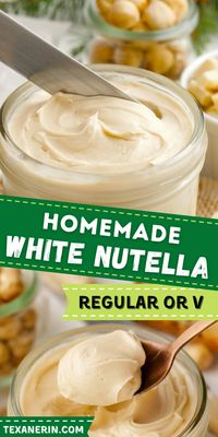 This white Nutella, or white chocolate hazelnut spread, is a delicious twist on regular Nutella! It can be made traditionally with white chocolate or for a paleo and vegan version, with cocoa butter and maple syrup.