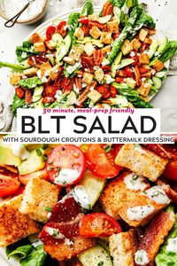 The iconic summer sandwich, reimagined into an irresistible salad! This BLT Salad recipe turns all of the classic sandwich's flavors & textures – crispy bacon, crunchy lettuce & juicy summer tomatoes – into an avocado BLT salad loaded with chopped veggies. Garlicky sourdough croutons add toasty crunch & a creamy buttermilk dressing brings it all together. An easy & healthy summer dinner, ready in 30 minutes or less! #bltsalad #bltsaladrecipe #saladrecipes #saladideas #saladrecipesfordinner