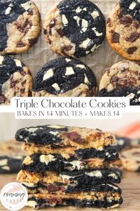 These Triple Chocolate Cookies include a regular chocolate chunk half with a black cocoa and white chocolate half for a chewy cookie that will satisfy any cookie lover!