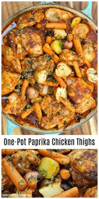 One-Pot Paprika Chicken Thighs recipe, with potatoes and carrots #onepotmeal #chicken #chickenpaprika