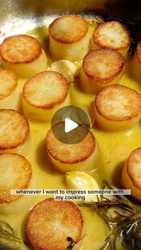 Kelly Scott on Instagram: "How to make fondant potatoes ⬇️

Sign up for my newsletter to keep up to date with recipes and cooking techniques! Comment “NEWSLETTER” and I’ll send you a link to your DMs to join my community!

Fondant potatoes are a traditional French side dish where you cut russet potatoes into rounds or squares and then cook in butter, garlic, aromatics and chicken stock. It is a dish you won’t find too often these days, but is impressive and delicious to all guests you may be cooking for.

Ingredients:
* 4 russet potatoes, peeled and cut into 1 inch rounds
* 10 garlic cloves, smashed
* salt and pepper
* avocado oil
* 4 tbsp butter
* 2 sprigs rosemary
* 4 sprigs thyme
* 1/2 cup chicken stock

Instructions:

STEP 1.
Peel potatoes, trim ends, and cut in half crosswise. You sho