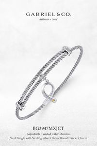 Adjustable Twisted Cable Stainless Steel Bangle with Sterling Silver Citrine Breast Cancer Charm BG3947MXJCT #Gabriel Co #Gabriel Jewelry #Gabriel And Co #Citrine #Bracelet #CharmBracelets #BangleBracelet #SterlingSilver #SilverBracelet