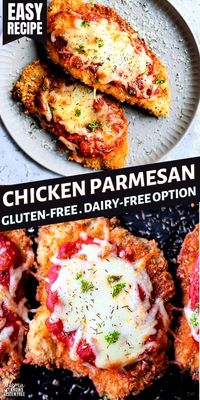 An easy recipe for gluten-free chicken parmesan. This crispy and juicy gluten-free chicken recipe is a quick weeknight meal for the whole family! This gluten-free dinner recipe also has a dairy-free option.