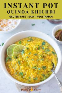 This Quinoa Khichdi is wholesome comfort food made with quinoa, lentils, veggies, and spices. This Indian quinoa dal khichdi is a one-pot nutritious meal that can be made in less than 30 minutes. | quinoa khichdi instant pot | easy indian food recipes | instant pot indian recipes | pipingpotcurry.com