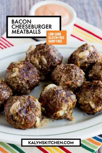 Make these low-carb and Keto Bacon Cheeseburger Meatballs on an outdoor grill or a stove-top grill pan; these meatballs have all the comfort food appeal of bacon cheeseburgers, without the carbs! [found on KalynsKitchen.com] #BaconCheeseBurgerMeatballs #KetoMeatballs