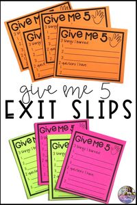 These Give Me 5 exit slips are great for comprehension and checking for understanding at the end of a lesson. Students write down three new things they learned, as well as two questions they still have.  #assessment #comprehension  #exitslips #printables #backtoschool