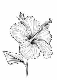 A minimal and clean line art illustration of a hibiscus flower with its stem and petals, designed for a coloring book page. The aspect ratio is 45:64.