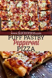 This puff pastry pepperoni pizza is delicious and flaky. This recipe makes a great game day lunch, dinner, or a fun date night meal for two. #pizza #puffpastry #pepperoni