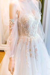 Unique round neck tulle lace long wedding dress. bridal dress - dresstby