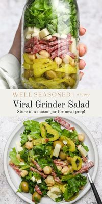 Let's make the Viral TikTok Grinder Salad with salami, provolone, and your favorite Italian antipasti. We're assembling the whole thing in a mason jar, which makes it a dream for meal prep! The key to success is in layering the salad ingredients in a way that keeps the lettuce crisp right up until you serve. Dressed with our homemade basil vinaigrette, this easy lunch salad recipe will quickly become one of your favorites. GF #wellseasonedstudio #grindersalad #masonjarsalad #antipastasalad