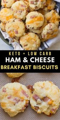 55 reviews · 25 minutes · Serves 22 · These Keto Ham and Cheese Breakfast Biscuits are the perfect easy keto breakfast! Each soft, fluffy biscuit is loaded with cheese and ham and has less than 2 net carbs each! #keto #lowcarb #mealprep