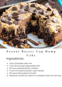 Preheat the oven to 350'F (175'C). Grease a 9° baking dish. In a large mixing bowl, combine the chocolate cake mix, melted butter, and evaporated milk. Stir until well combined. Spread half of the cake batter into the prepared baking dish. Drop spoonfuls of creamy peanut butter evenly over the batter. Sprinkle half of the mini peanut butter cups over the peanut butter layer. Spread the remaining cake batter over the peanut butter cups layer. Sprinkle the remaining mini peanut butter cups over the top. Bake in the preheated oven for 30-35 minutes, or until a toothpick inserted into the center comes out clean. Let the cake cool for a few minutes before serving. Serve warm with a scoop of vanilla ice cream or a dollop of whipped cream if desired. Servings: 12