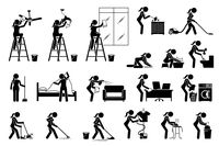 Woman cleaning tidying housekeeping house. Vector illustrations depict girl cleaning and wiping ceiling fan, light, window, furniture, washing toilet, sweeping, vacuum, mopping floor, and laundry. tidy; housekeeping; housework; lamp; light; furniture; dirty; wiping; cleaning; hand wash; home; house; bedroom; girl; ladder; brush; sweeping; throwing rubbish; domestic; ironing; vacuum cleaner; washing machine; laundry; mop; disinfect; blanket; mattress; changing; broomstick; broom; toilet; scrub; f