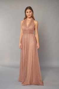 A romantic and dreamy Metallic Pleated Chiffon gown with plunging V-neckline and high back design that delicately meets at the wide waistband. The flowy pleated skirt creates movement and beauty.