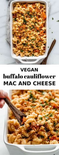 This vegan buffalo cauliflower mac and cheese is creamy and just a little spicy! It's topped off with crispy croutons and baked to perfection! #macandcheese #veganrecipe #dairyfreerecipe