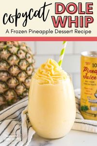 This is our copycat version of Disney's Dole Whip frozen treat. Now you can bring a taste of Disney magic into your kitchen with our Dole Whip recipe! You only need 4 ingredients for this refreshing treat. Our recipe has pineapple juice, frozen pineapple, vanilla ice cream, and lemon juice.