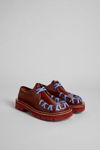 Burgundy leather shoes with visible light blue stitching and chunky outsoles.