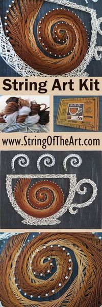 DIY String Art Kit - Visit http://www.StringoftheArt.com to learn more about creating this easy and fun coffee string art project! Kit comes with a HAND sanded and HAND painted distressed black pine wood board, highest quality embroidery floss, metallic wire nails, easy to follow instructions, and pattern template. DIY Home Decor, Crafts Kit, DIY and Crafts, Coffee Decor