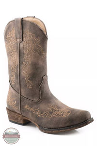 The Child's Riley Scroll Western Boot by Roper is crafted for comfort and style. Its snip-toe design, faux leather upper, and beautiful scroll embroidery make it stand out, while its Western heel, single-stitched welt, and flexible TPR outsole keep your little one safe and secure. An added bonus is the 9" shaft height and padded cushioned insole for the ultimate in comfort and support! Make outdoor playtime truly special with these boots! #roper #kidsbotts