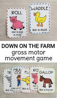 Preschoolers and toddlers will love moving like things found on the farm with this free printable gross motor farm movement game! Print and play!