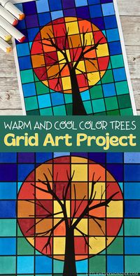 Warm and cool colors in art tree art project. Grid art printable.