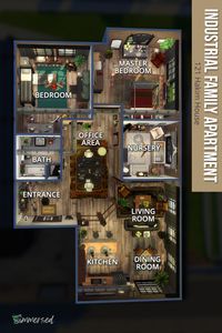 A 3 bedroom, 1 bathroom industrial apartment at 121 Hakim House. My gallery ID: SimmersedBuilds  #thesims4 #simsbuild #showusyourbuilds #sims4maxismatch #sims #ts4 #sims4floorplan #floorplan #thesims4floorplan #121hakimhouse  #sims4layout