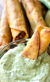 Zesty Chili-Lime Chicken Taquitos with Jack Cheese and Roasted Corn, with Cool Avocado Jalapeno Ranch Dipping Sauce Recipe