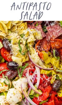 This delicious antipasto salad features all your Italian antipasto favorites in a refreshing, flavorful salad. With plenty of salami, prosciutto, and pepperoni, plus mozzarella balls, tomatoes, olives, roasted red peppers, pepperoncini, and red onion, tossed in a quick and easy Italian vinaigrette.