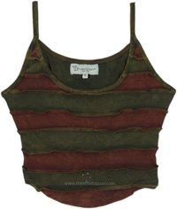 A short cropped tank top with a concave hem in stonewashed ribbed cotton made with shades of brown and green panels in the reverse stitch pattern.  The cropped tank is an artistic and harmonious clothing with an outstanding overall look. #tlb #Sleeveless #Stonewash #Embroidered #vacationclothing #bohemianfashion #Handmade #JuniorPetite #bohotanktop #summerhippietanktop