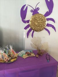 Tamatoa from Moana Birthday party, easy diy using a big plate, dollar store sea shells, and online templates on foami