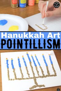 Celebrate Hanukkah with this Hanukkah art project using dots to create a menorah. Looking for a simple art project for your preschool and elementary aged kids this Hanukkah? This art project uses pointillism to practice fine motor control. A great activity that the entire family can enjoy. #Hanukkah #Chanukkah #Hanukkahcraft #Hanukkahart #Hanukkahactivities