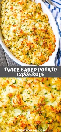 Filling and comforting, this Twice Baked Potato Casserole makes a perfect no-fuss side dish for a holiday meal. Simple ingredients – incredible taste! FOLLOW Cooktoria for more deliciousness! #potatoes #sidedish #casserole #comfortfood #recipeoftheday