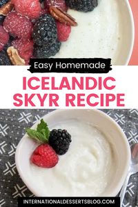 Skyr is delicious Icelandic yogurt that's so easy to make at home with this simple recipe! There are so many benefits to homemade skyr - it's high in protein like Greek yogurt (but much silkier and creamier), low in fat and sugar, and you can customize it to your taste. It makes a great breakfast, healthy snack or tasty dessert with strawberries (or raspberries, blueberries, kiwi) honey, and pecans, almonds, oats or chia seeds. You can also use skyr as sauces!